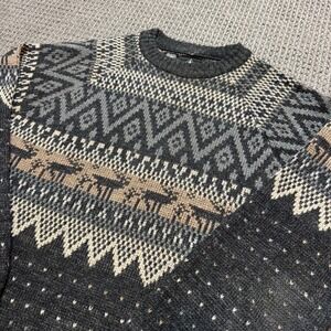 Vintage Kennington Mens Sweater Fair Isle Nordic Deer Geometric Knit Large Grey